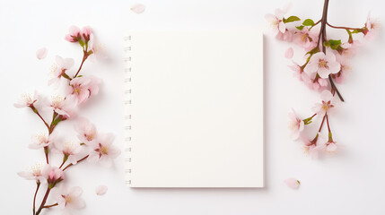 Fototapeta premium Blank notebook and pink cherry blossom on white background. Minimal Spring and Valentine concept. Flat lay