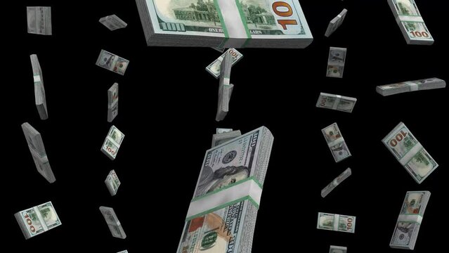 Money Falling Animation Black Screen, One Hundred Dollar Bills Falling 4k Video