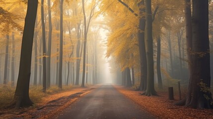 Naklejka na ściany i meble Forest road between the autumn trees in foggy morning Ai Generative