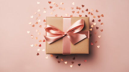 Obraz na płótnie Canvas Minimal Valentine and birthday card with gift box with ribbon and confetti shaped like hearts. Pastel colors. Flat lay. 