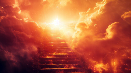 Surreal stairway leading to a dramatic heavenly sky at sunset, symbolizing ascent and hope