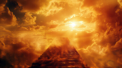 Surreal stairway leading to a dramatic heavenly sky at sunset, symbolizing ascent and hope