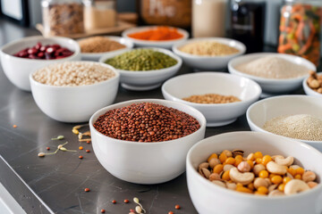 Assorted raw legumes in white bowls, high-protein ingredients for healthy cooking