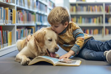 Little boy engages in reading to specially trained dog in the library. Photo of child and his animal companion helping him develop reading skills. Designed for children with disabilities