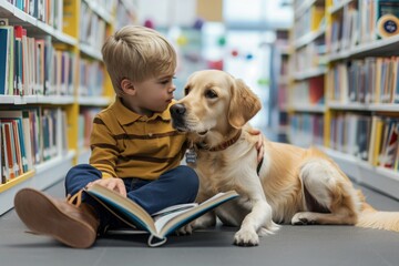 Therapy for children. A little boy reads to dog in the library. Photo of child and animal friend helping him develop reading skills. Aimed at children with hearing impairments and disabilities - obrazy, fototapety, plakaty