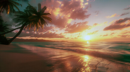 Tropical beach sunset with palm trees and golden ocean waves