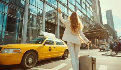 Photo sur Plexiglas TAXI de new york Young woman dressed elegant Business Suit outfit calling yellow taxi cab raising arm gesture in city airport arrival zone. Traveling, airport transfer after arriving, city public transport concept.