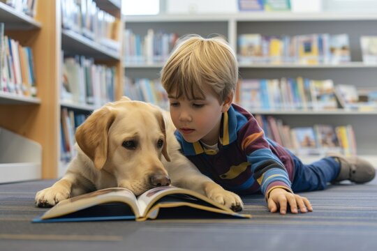 Little Boy Engages In Reading To Specially Trained Dog In The Library. Photo Of Child And His Animal Companion Helping Him Develop Reading Skills. Designed For Children With Disabilities