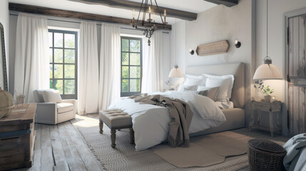 Stylish modern bedroom interior with cozy white bedding and chic decor