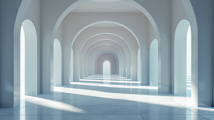 Gallery with arches and columns in a white palace illuminated by the rays of sun.