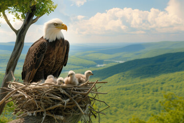 American Bald Eagle in a Nest Protecting her Eaglet Chicks