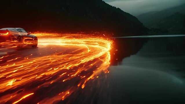 A closeup shot of a car braking and then accelerating around a bend leaving a fiery trail of light in its wake. The smooth movements of the car against the stillness of the