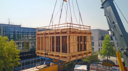 Crane lifting modular construction unit against blue sky