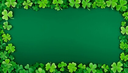 Frame made of clover leaves on green background. Three-leaved shamrocks. St Patrick Day holiday symbol. Template for design card, invitation, banner created with generative ai
