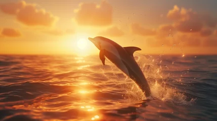 Foto op Canvas Beautiful Sunset time at the sea and playful dolphin leaping water with splashes © Sanan