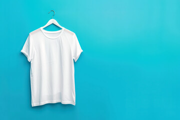 White blank t-shirt hanging on blue background for fashion