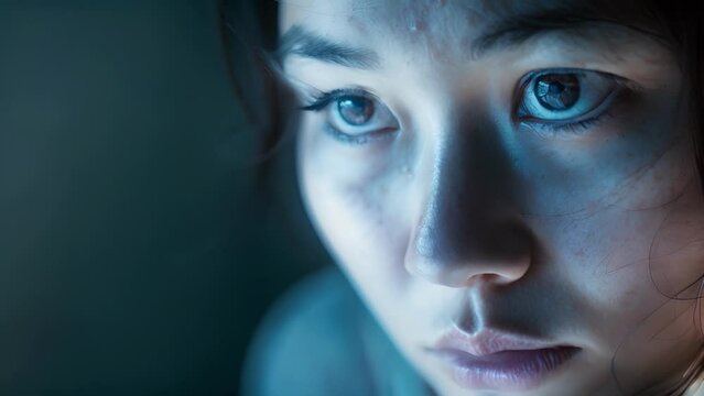A woman of Asian descent with a haunted expression her eyes filled with pain as she tries to find the strength to overcome her PTSD, Close-Up Portrait of a Person With Blue Eyes