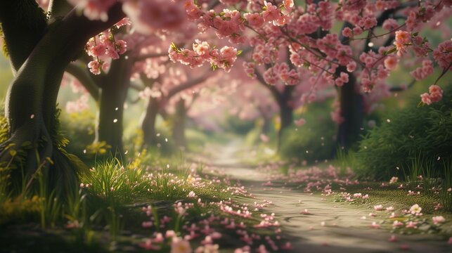 Cherry Blossom Path in a Tranquil Garden