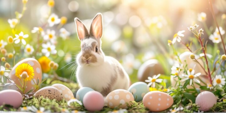 Happy Easter postcard. Whimsical photo of a cute bunny with sitting in a serene spring garden, easter eggs. Cute decor.