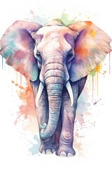 watercolor elephant drawing with paints. art illustration of a wild animal on a white background. drops and splashes.