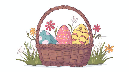 Wildflowers, Easter eggs, wicker basket. 2D.