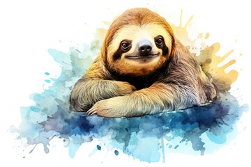 watercolor sloth drawing with paints. art illustration of a wild animal on a white background. drops and splashes.