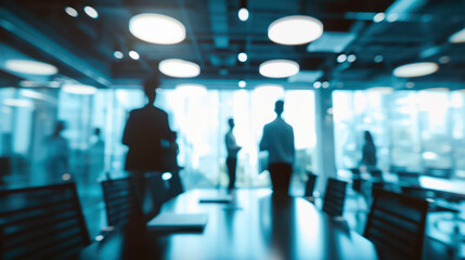 Abstract blurred corporate office meeting with business team in discussion