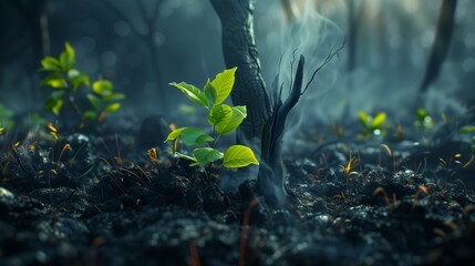 New leaves burst forth from a burnt tree after forest fire.The rebirth of nature after the fire - obrazy, fototapety, plakaty