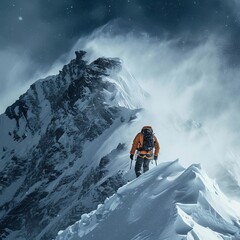 A man climbs mountain in a snowstorm - obrazy, fototapety, plakaty