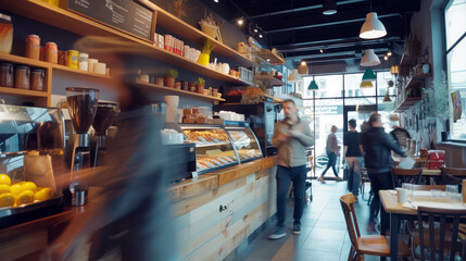 Busy Urban Coffee Shop with Blurred Motion of Customers and Barista