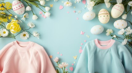 Pastel Easter eggs and spring flowers on a blue background with pink and blue sweaters. Easter flat lay with decorative eggs, daisies, and festive confetti.