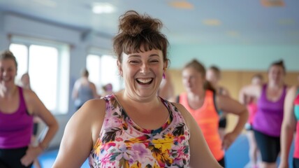 Participants smiling and sweating as they follow a choreographed routine, showing the fun and social aspect of step aerobics classes