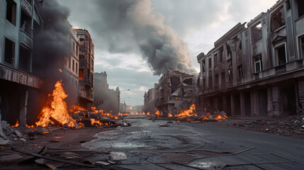 Apocalyptic city scene with fires and destroyed buildings