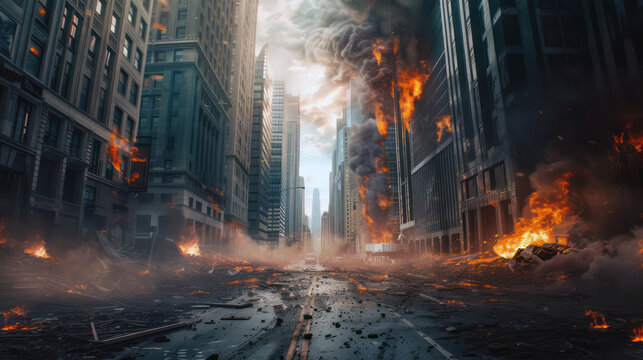 Apocalyptic city scene with fires and destroyed buildings