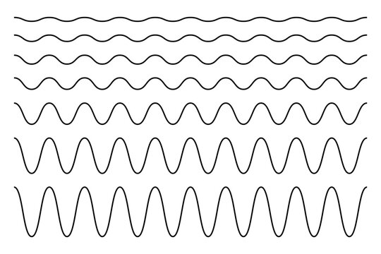 Set of horizontal wavy lines. Undulate borders. Sine or cosine curves. Water, fluid, air or wind symbols. River, sea, lake or ocean signs isolated on white background. Vector outline illustration