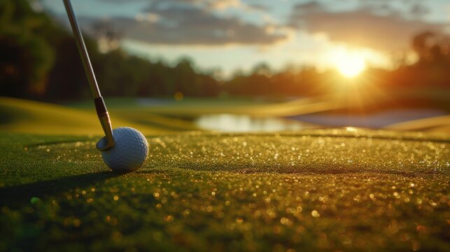 At sunset, with ample space for text, a golfer chips a golf ball onto the green using a golf club