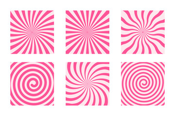 Set of cute lollipop backgrounds. Candy, ice cream, yogurt, caramel or marshmallow textures with radial pink stripes, twist and spiral design. Birthday or Christmas wallpaper. Vector flat illustration