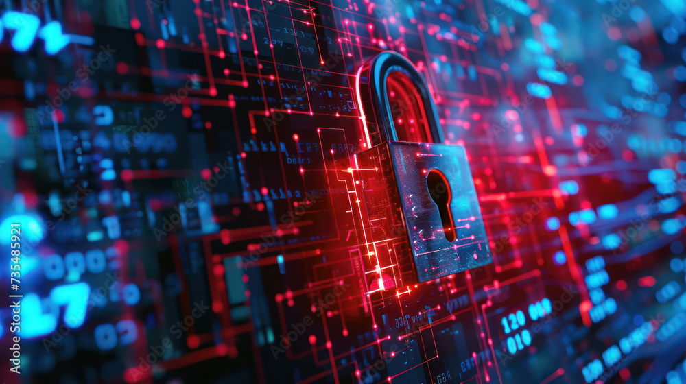 Poster digital data protection and cybersecurity with encrypted lock visualization