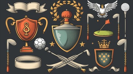 Design elements for golf and golfing include balls, crossed clubs, green with hole and flag, trophy cup, laurel wreaths, star frame, heraldic shield, ribbon banners, crown, and wings - obrazy, fototapety, plakaty