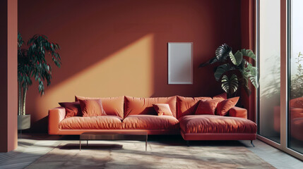 Minimalist modern living room interior with warm sunset light and comfortable design