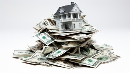 real estate concept image. house on bunch of bank note. 
