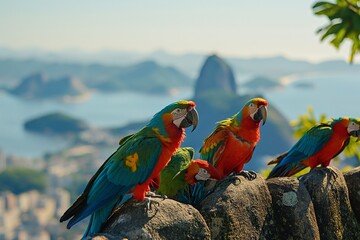 colorful parrots, Rio Janeiro city background