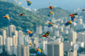 colorful parrots, Rio Janeiro city background
