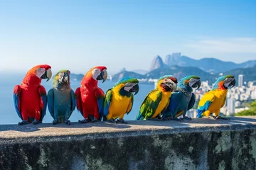 Stoff pro Meter colorful parrots, Rio Janeiro city background © mirifadapt