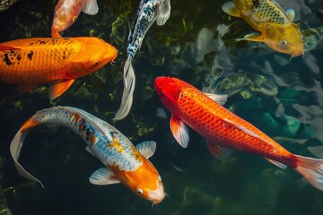 Koi fish swimming, Colorful decorative fish float in an artificial pond