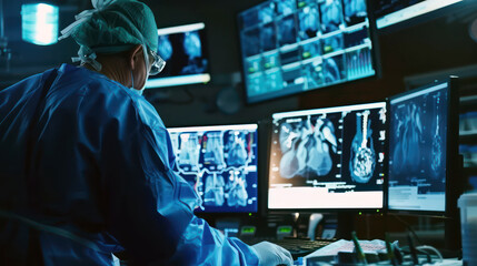 Healthcare professional analyzing brain MRI scans in hospital radiology department