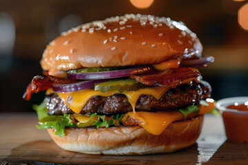 Gourmet juicy cheeseburger with bacon and fresh lettuce - a gastronomic delight