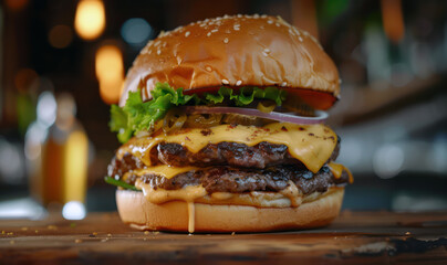 Gourmet juicy cheeseburger with bacon and fresh lettuce - a gastronomic delight