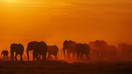 Fototapeta na wymiar Majestic Elephant Herd Trekking in Dusty Savannah AI Generated.