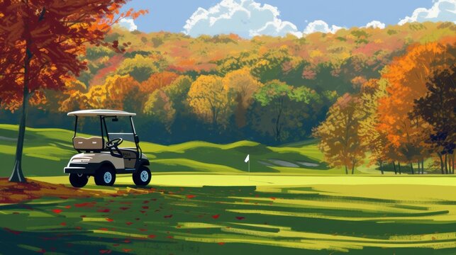 A golf cart traversing the golf course